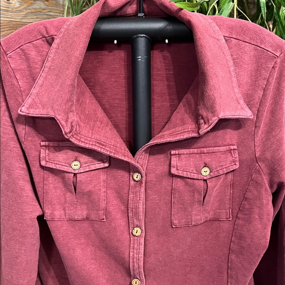 NWOT Bohemela dark red long sleeve button down top. Acid wash knit. XL - Picture 2 of 3